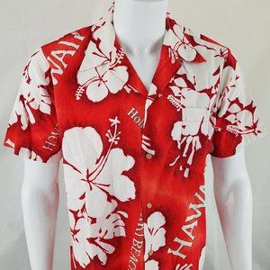 Vintage Hawaiian Shirt Red Hibiscus Floral Sz L